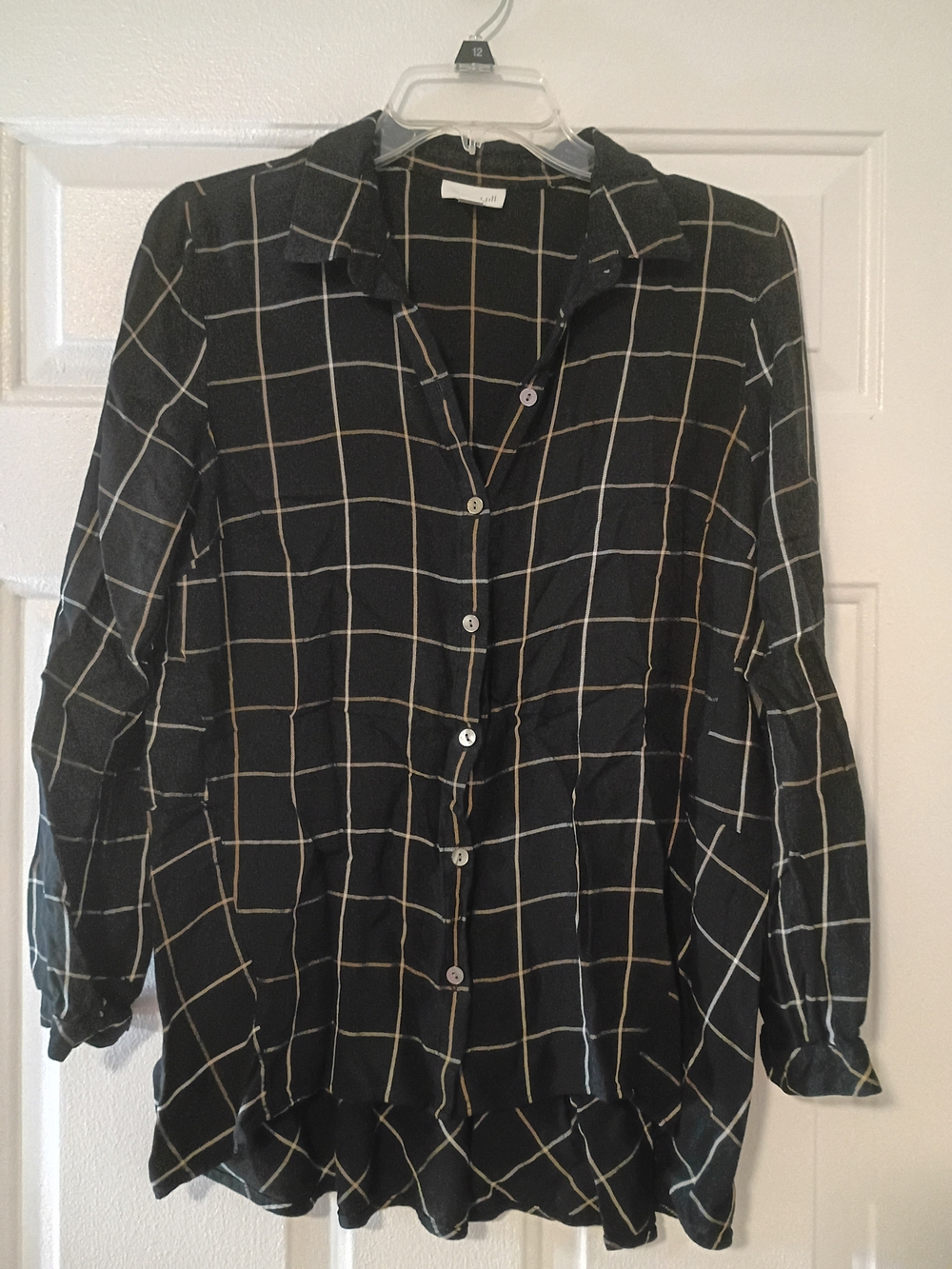 J. Jill Black Shirt with Tan and White Windowpane Plaid